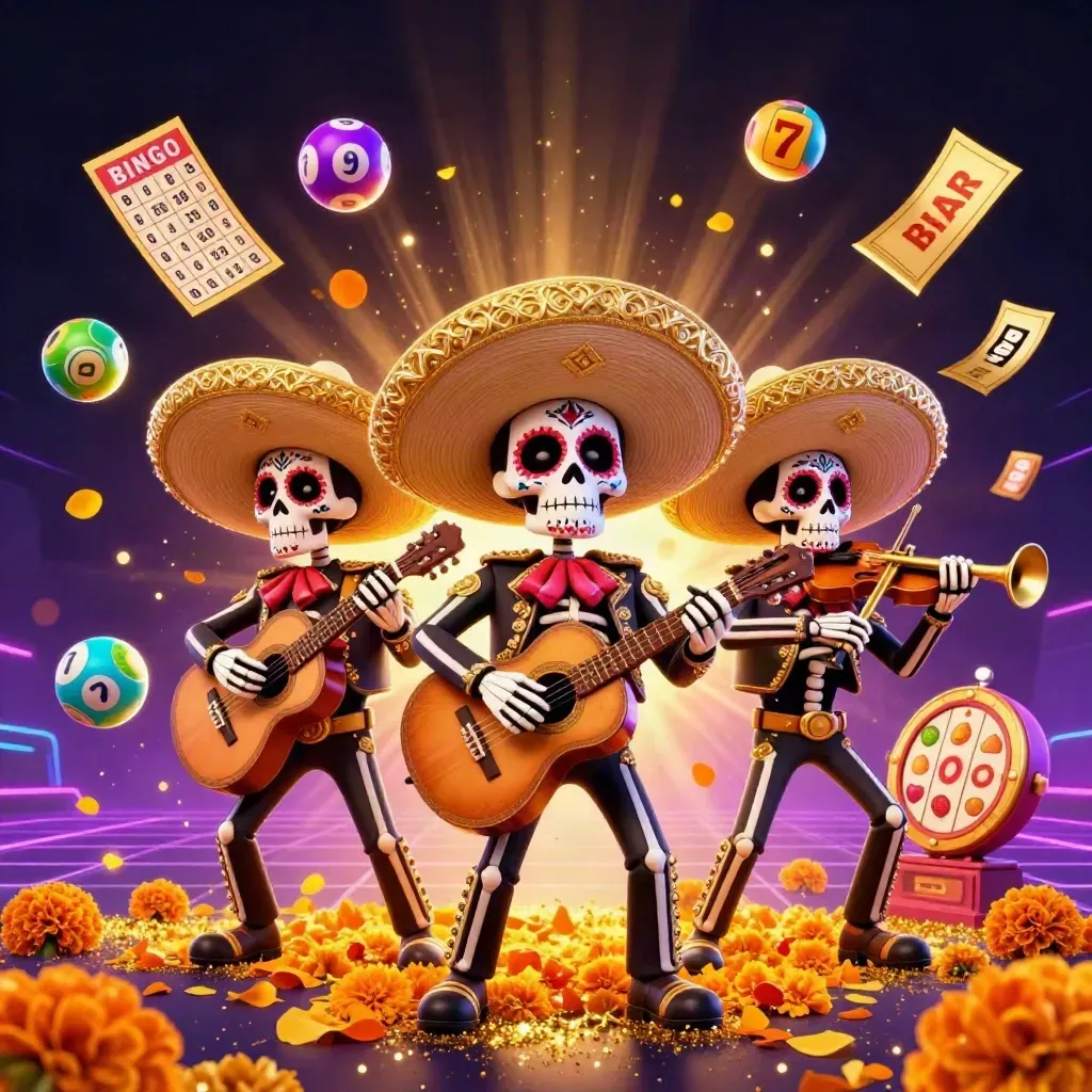 Skeleton mariachi trio burst with casino props, marigolds and gold neon on a dark geode-glow backdrop.
