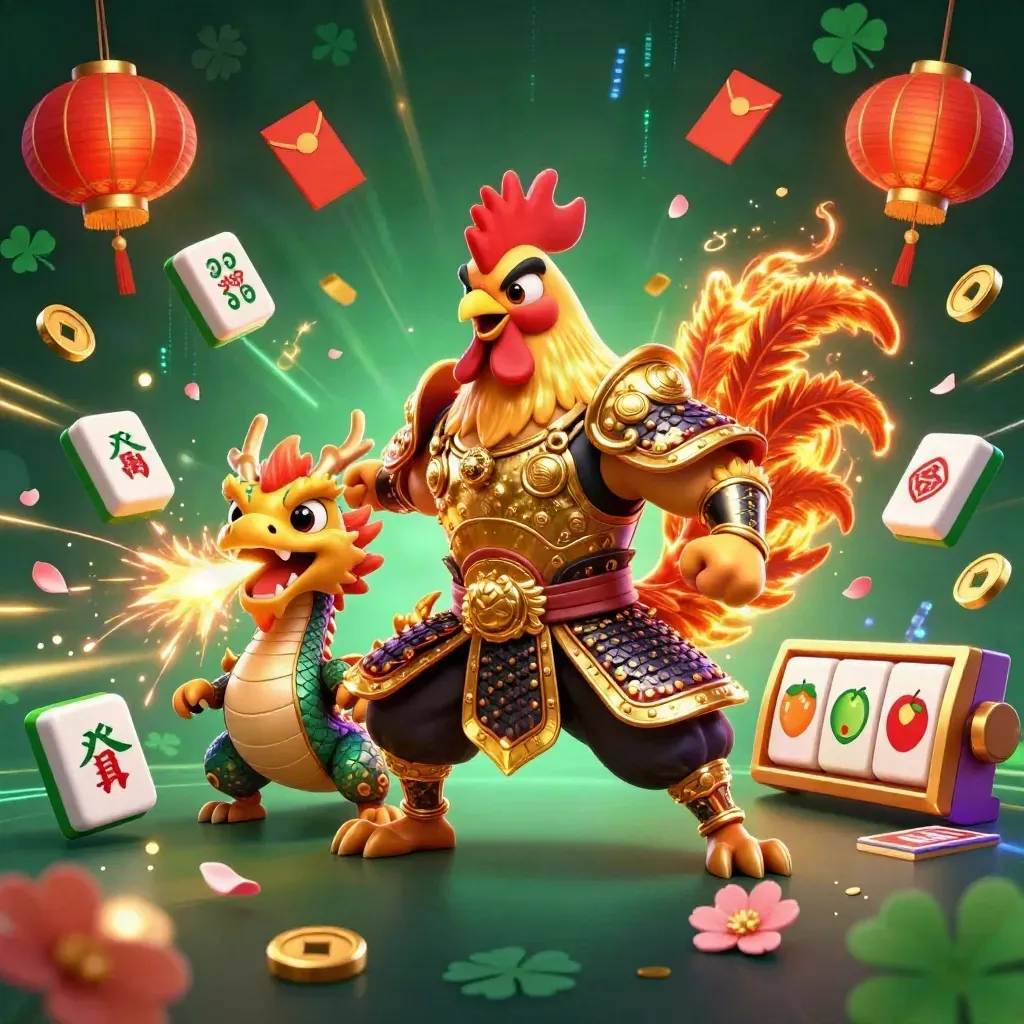 Rooster samurai, spark-breathing dragon hatchling and fortune cat amid gems and neon casino effects.