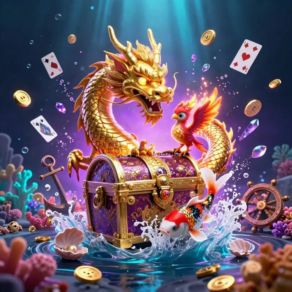 Golden dragon, baby phoenix, and koi burst through a jeweled underwater treasure cove.