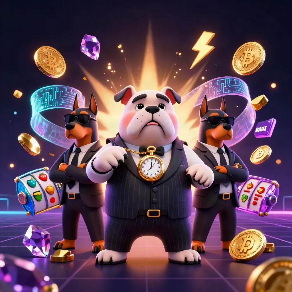 Bulldog mob boss and two Doberman guards amid neon coins, gems, and casino effects.