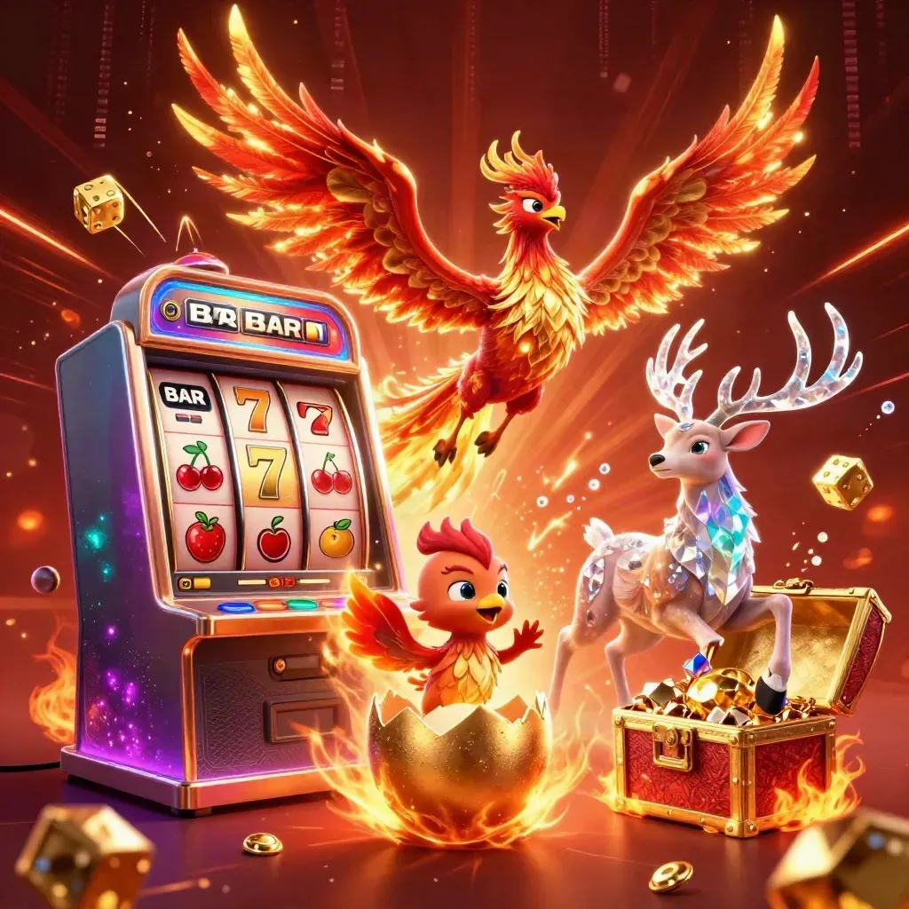 Phoenix, hatchling, and crystal stag amid exploding slot machine, gems, gold, and neon glow.