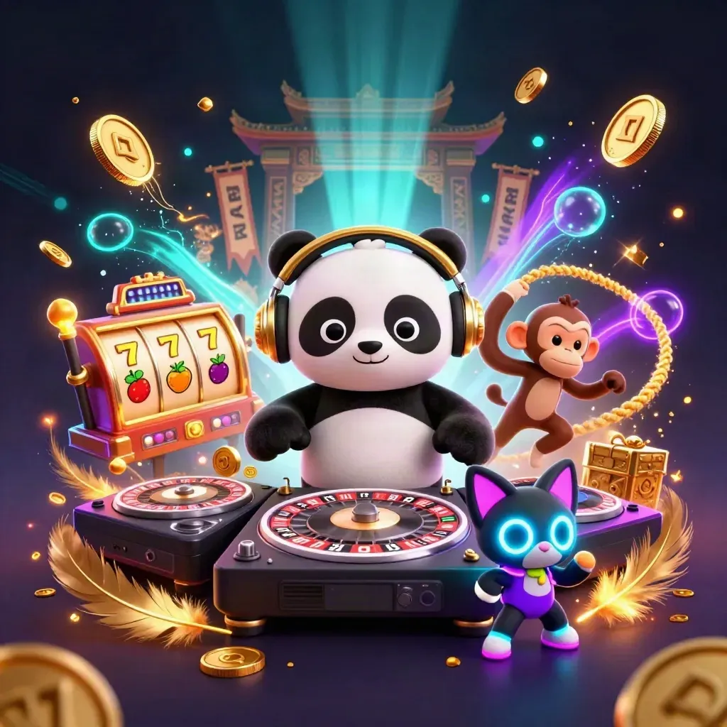 Panda DJ, monkey dancer, glow-kitten amid coins, gems, fireworks, temple gate, neon casino burst
