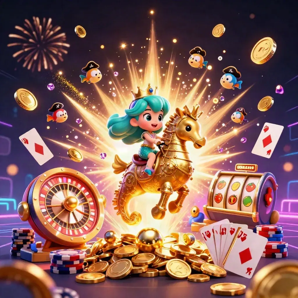 Mermaid princess rides armored seahorse amid coins, gems, chips, reels, and fireworks