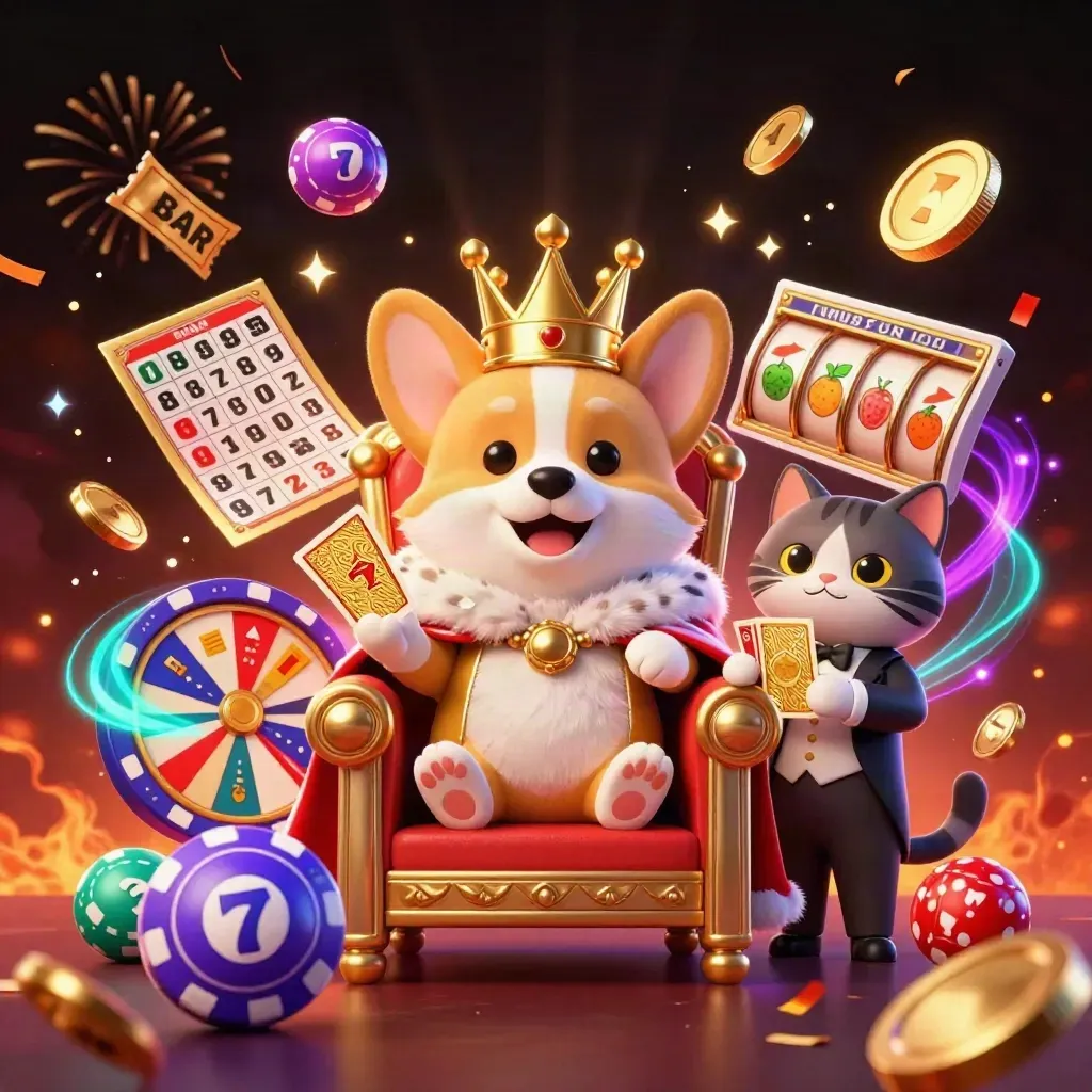 Royal corgi and cat butler amid casino loot, coins, reels, fireworks, and gem-toned confetti.