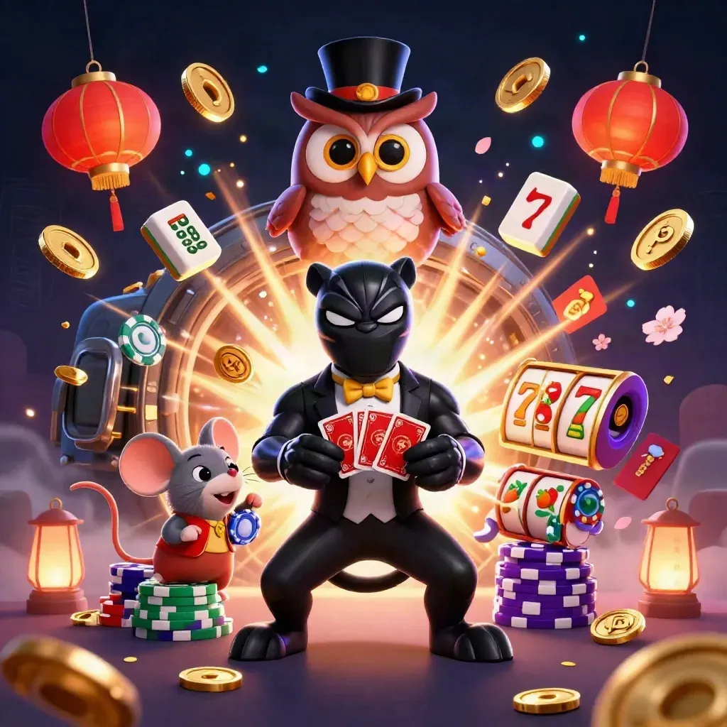 Panther, owl and mouse amid exploding coins, lanterns, jade reels and fireworks in luxe geode glow.