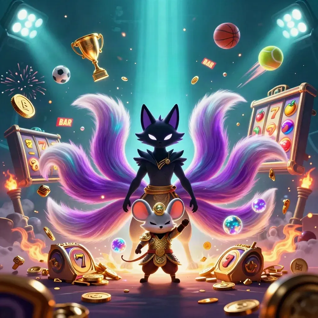 Fox spirit and armored mouse amid coins, trophy, balls, reels, and fireworks in a luxe casino burst.