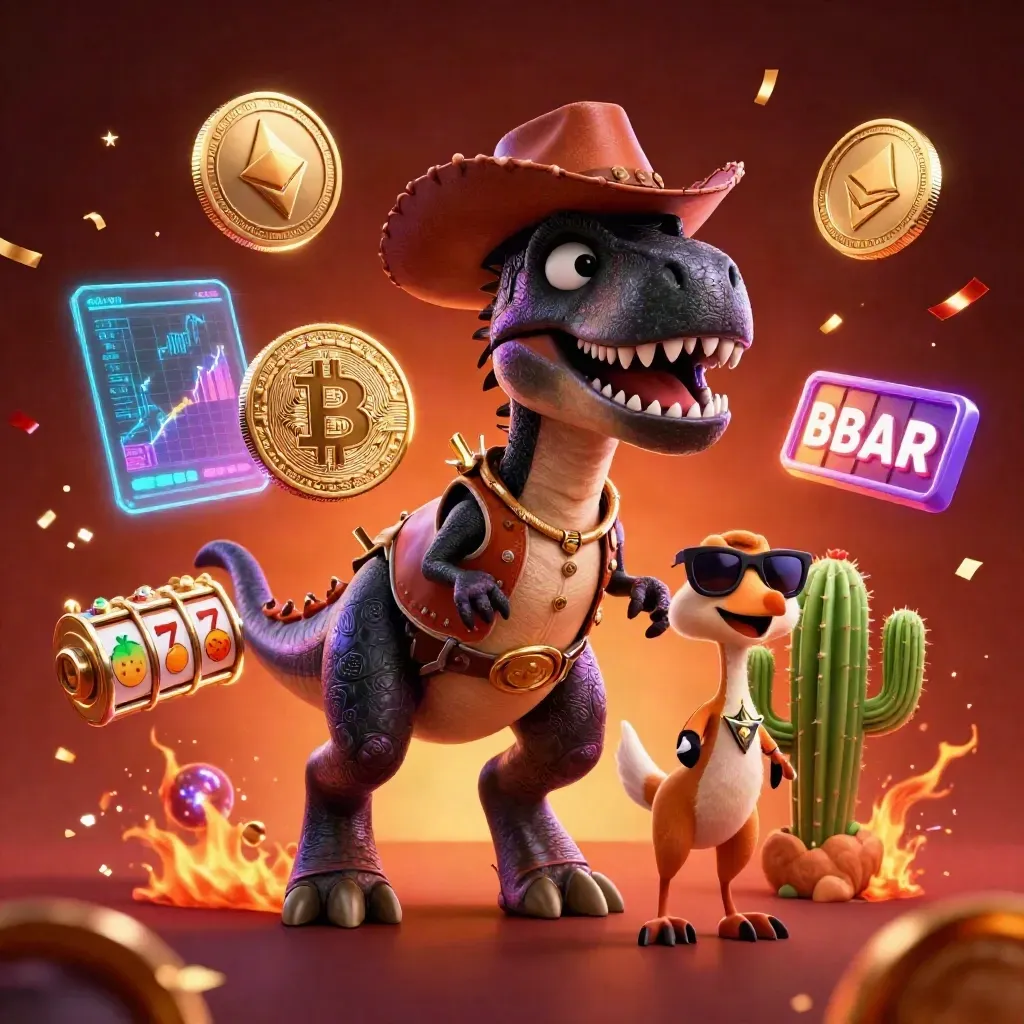 Cowboy T-Rex, cactus sidekick and roadrunner amid neon coins and gem-glow casino effects