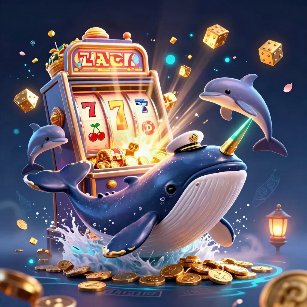 Whale captain, narwhal, and dolphins burst through coins around a glowing slot machine.