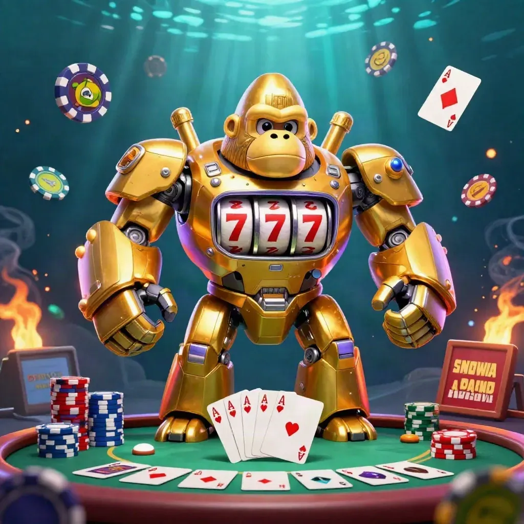 Golden gorilla slot mech with monkey pilot, poker chips, aces and glowing underwater casino lights.