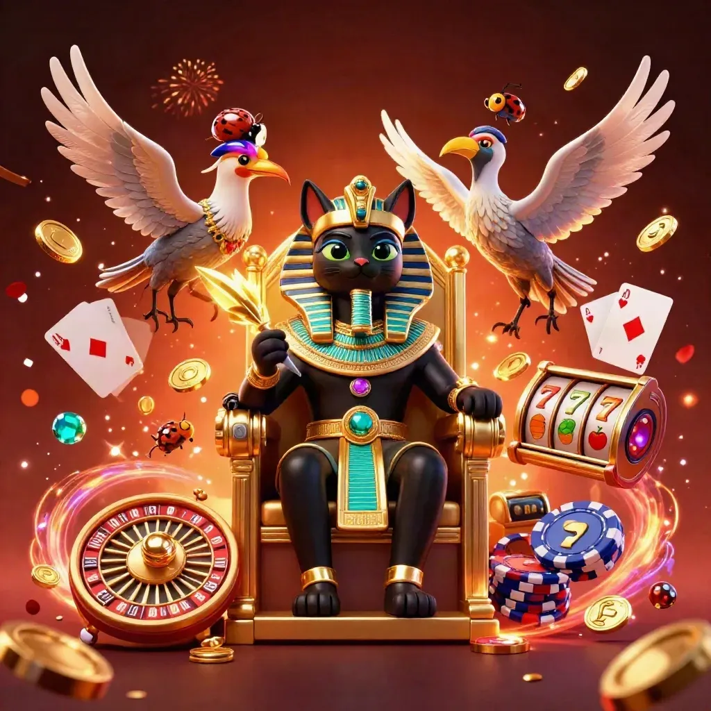 Pharaoh cat on throne with ibis scribe, gem scarabs, coins, cards, and glowing casino effects