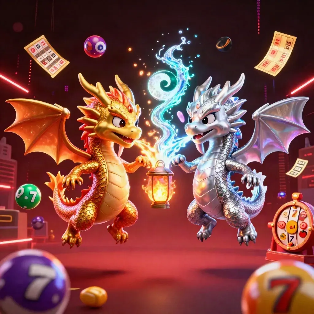 Twin gold and silver dragons spiral with a lantern spirit and casino symbols on a dark neon skyline.