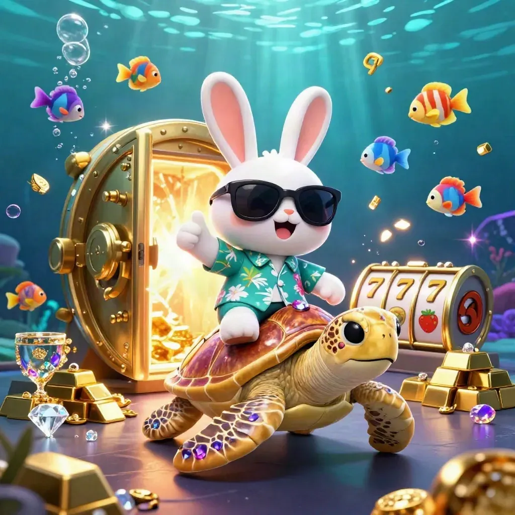 Lucky rabbit rides a gem turtle through a burst of gold, reels, and teal underwater glow.