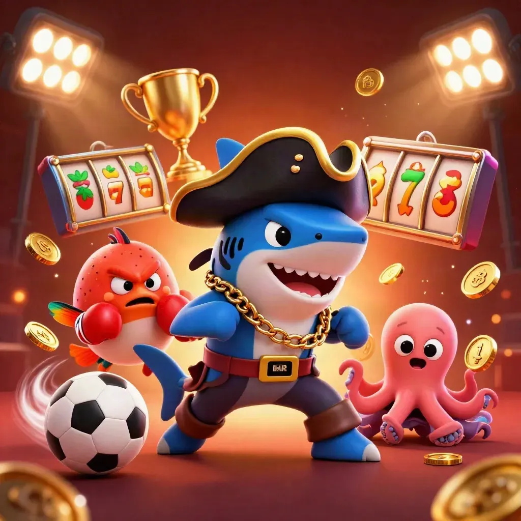 Shark pirate, boxing pufferfish, and coin-juggling octopus in a fiery casino burst.