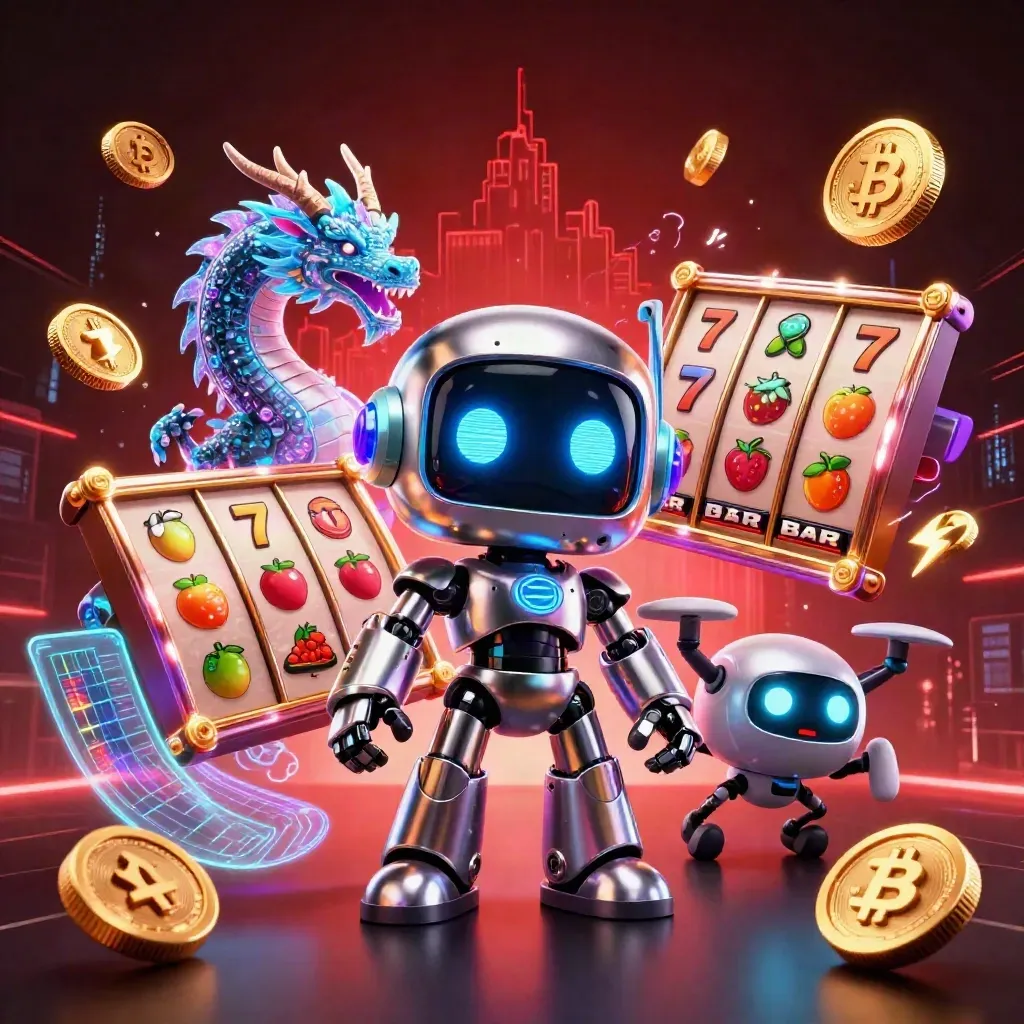 Cyberpunk robot, holographic dragon, and coin drone amid neon casino symbols and glowing charts