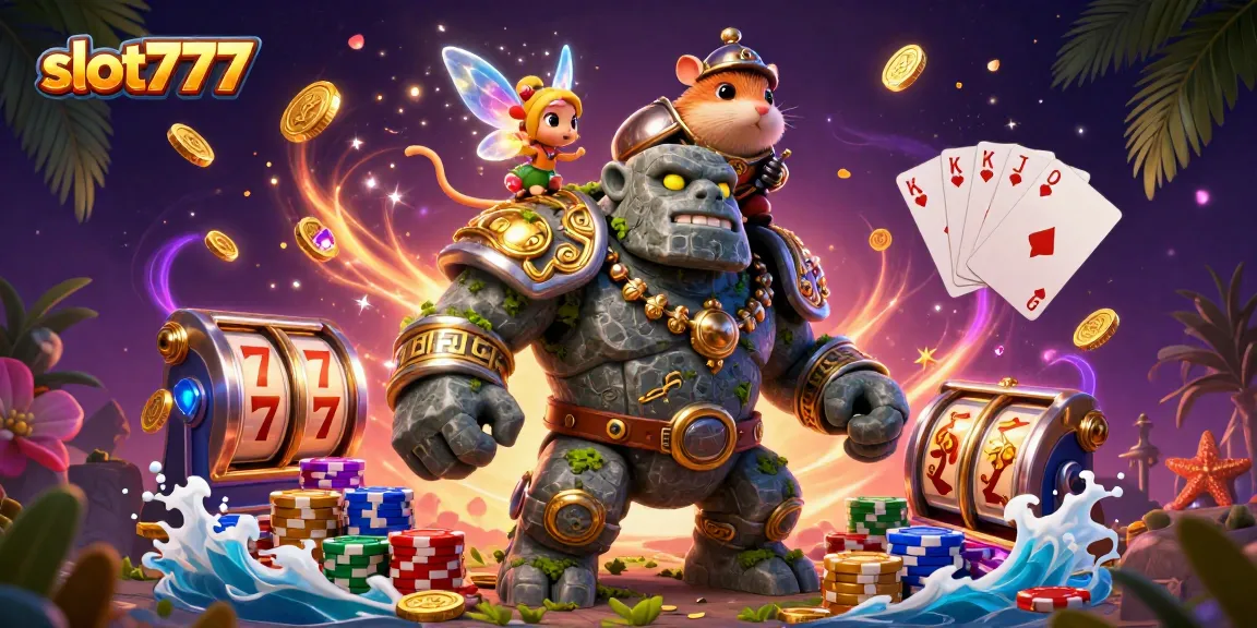 Spin the exciting slot777 reels with a magical golem and a knight amidst sparkling treasures.