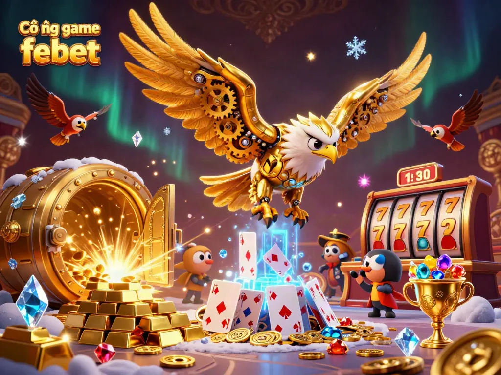 Cổng game febet featuring a cybernetic golden eagle in a vibrant casino scene with slot reels and treasure.