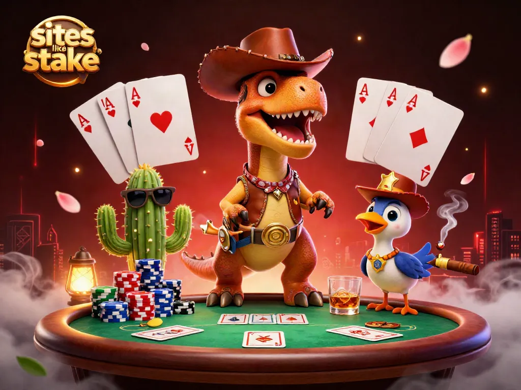 Play exciting games at sites like stake with a cowboy dinosaur and colorful poker elements.