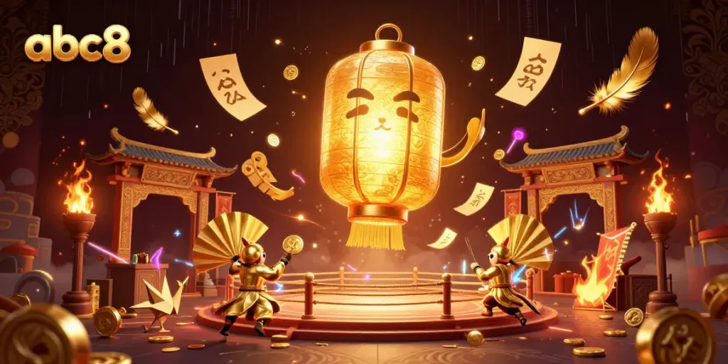 A vibrant abc8 themed casino action scene with a golden lantern spirit and warriors among colorful gaming elements.