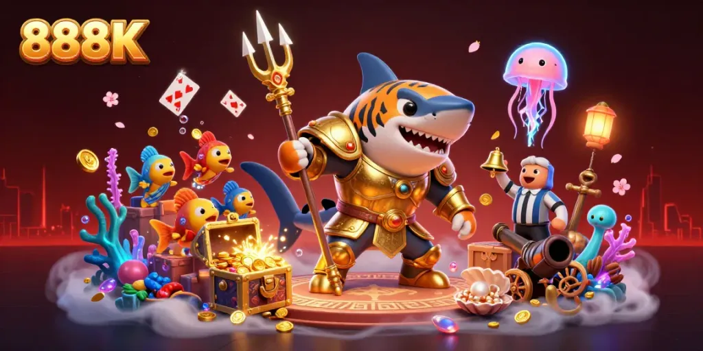 Engage with thrilling 888K underwater casino adventures as a tiger shark battles for riches amidst aquatic games.
