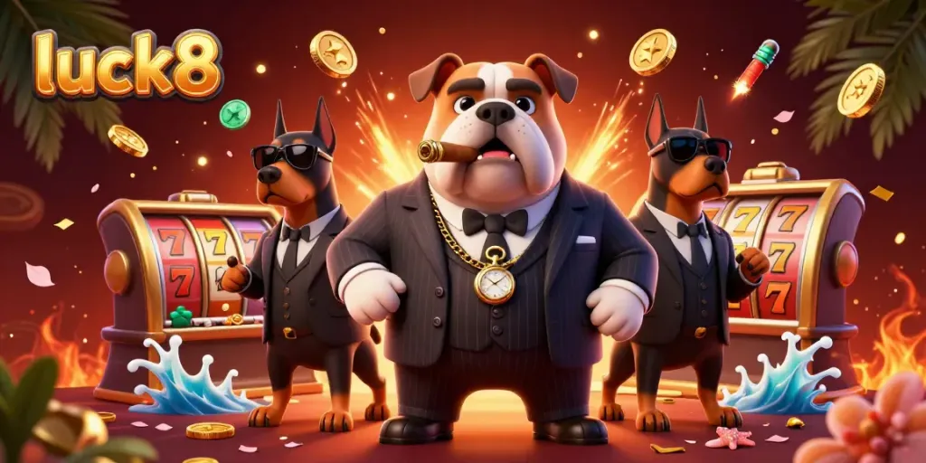 Engage in thrilling gameplay with luck8: animated mafia dog and Doberman bodyguards in a vibrant casino.