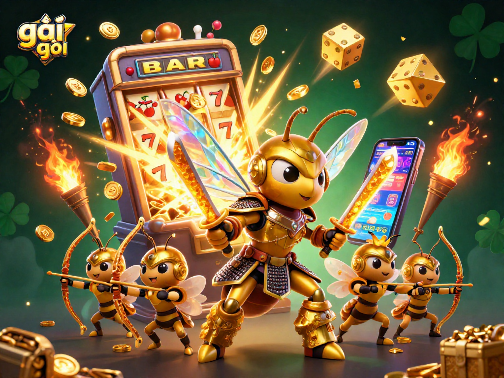 Gái gọi trong một hình ảnh 3D sòng bạc hoành tráng với máy slot và ánh sáng lấp lánh.