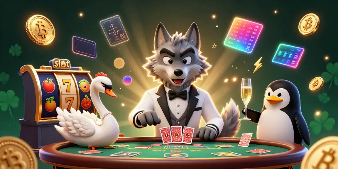 Permainan slot yang menarik dengan gambar karakter kasino dan elemen cryptocurrency di sekitar.
