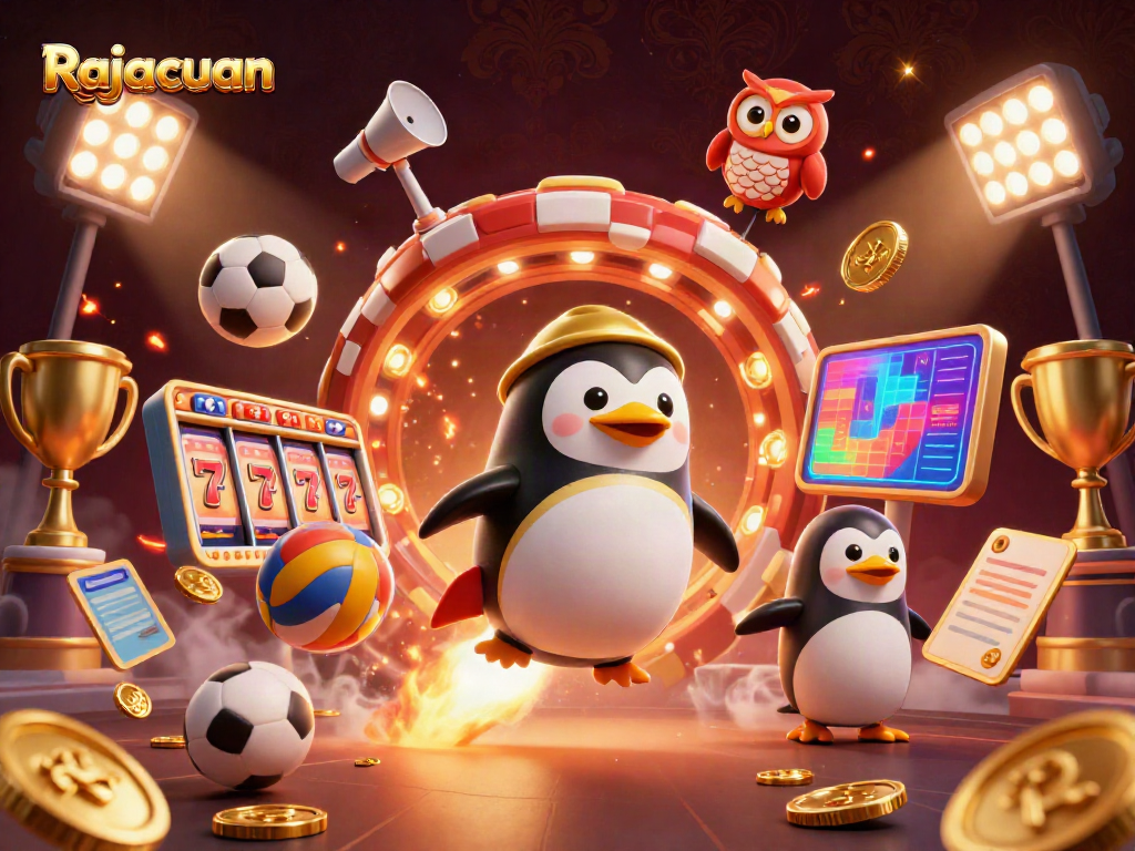 Bermain slot di Rajacuan dengan penguin emas terbang di ruang angkasa yang dipenuhi koin emas