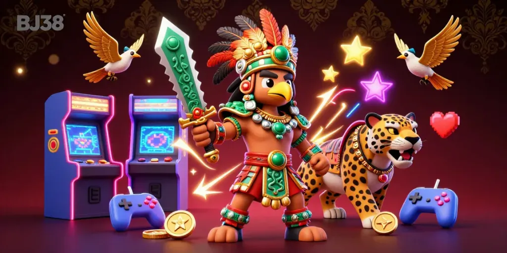 BJ38 gamers embrace excitement at a vibrant online casino featuring colorful machines and warrior characters.