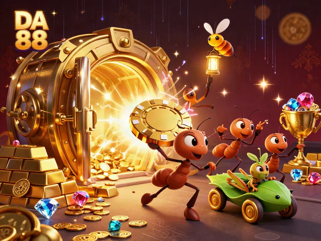 Engage in the thrill of DA 88 with ants on a heist for golden poker chips in a vibrant casino scene.