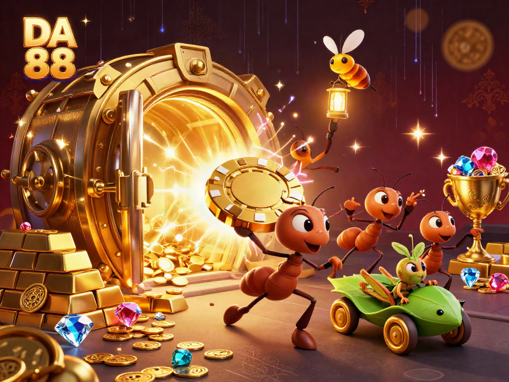 Engage in the thrill of DA 88 with ants on a heist for golden poker chips in a vibrant casino scene.