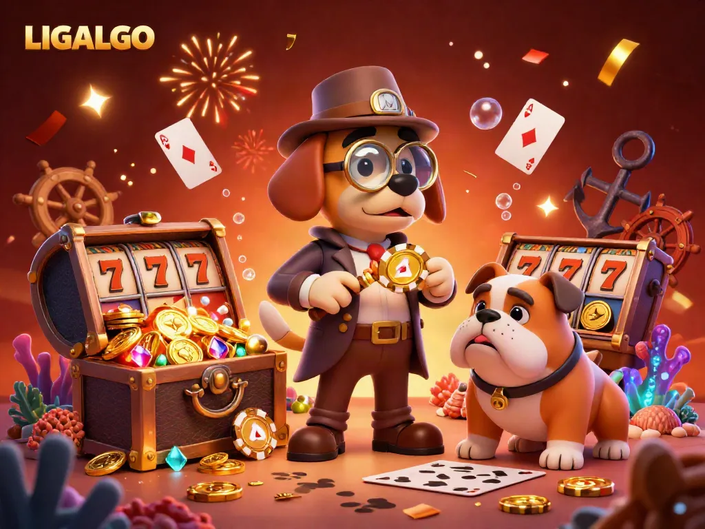LIGALGO detective cartoon scene with a bloodhound and gold poker chips set in an exciting casino environment.
