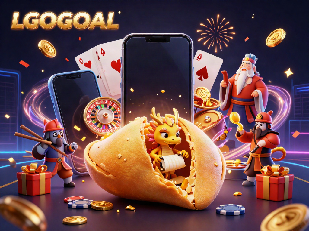 Experience thrilling wins at LGOGOAL with vibrant slot games, golden fortune cookies, and festive celebration.