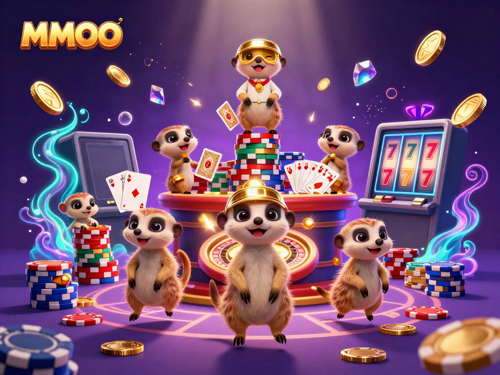 MMOO meerkats running a vibrant casino with golden coins and light effects for an exciting gaming experience.