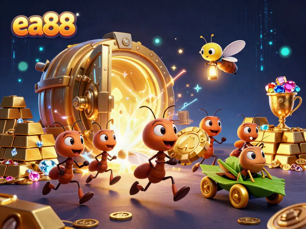 ea88 ants heist scene featuring vibrant casino elements amidst gold treasures and glowing lights.