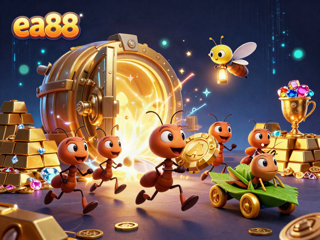 ea88 ants heist scene featuring vibrant casino elements amidst gold treasures and glowing lights.