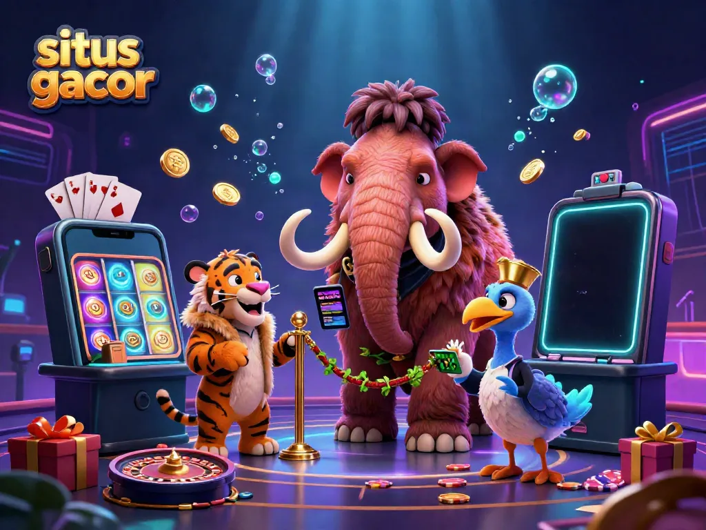 Engage with situs gacor as a woolly mammoth bouncer and tiger guest enter a flashy casino, surrounded by vibrant gaming elements.