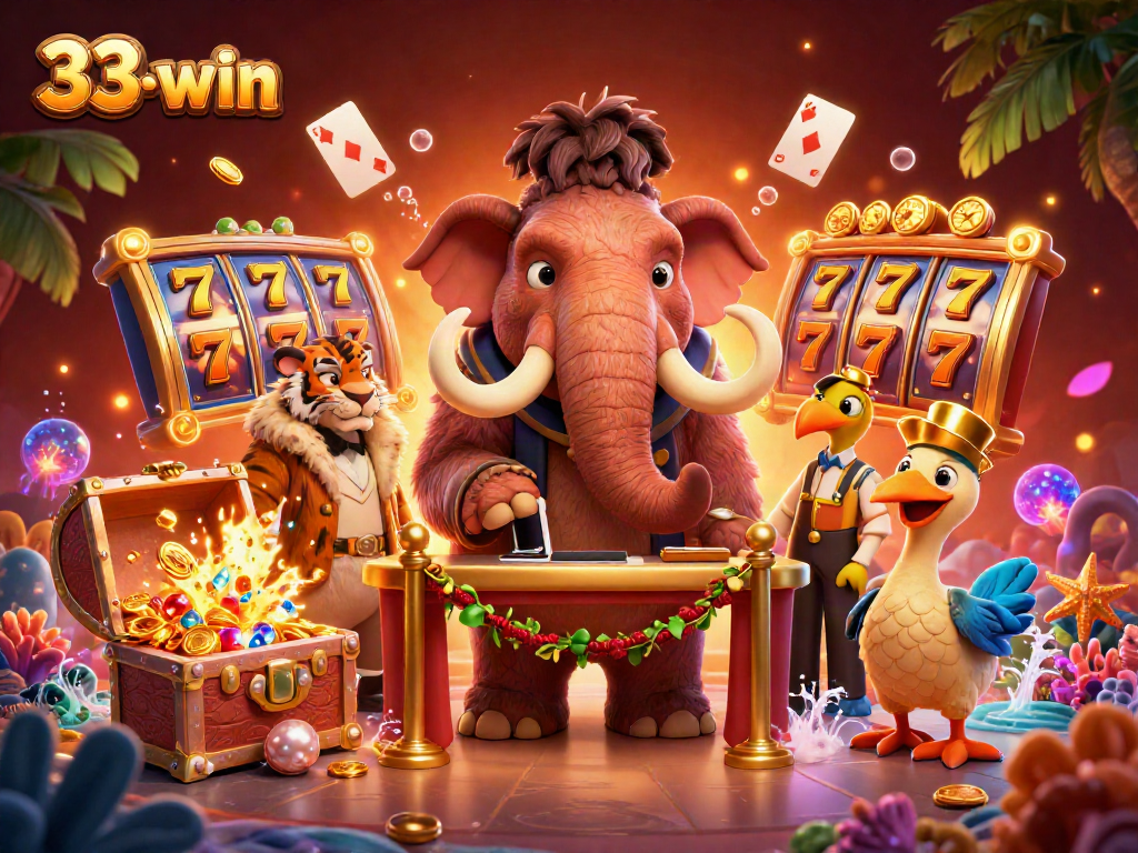Engage with thrilling gaming at 33-win featuring vibrant slot reels and a dynamic casino scene.