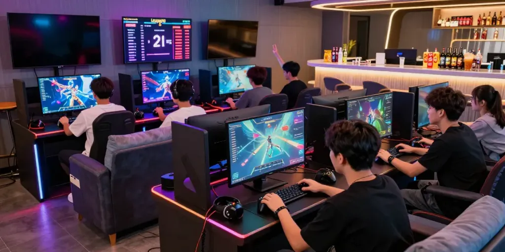 Luxury111 online gaming lounge with players engaged in competitive matches.