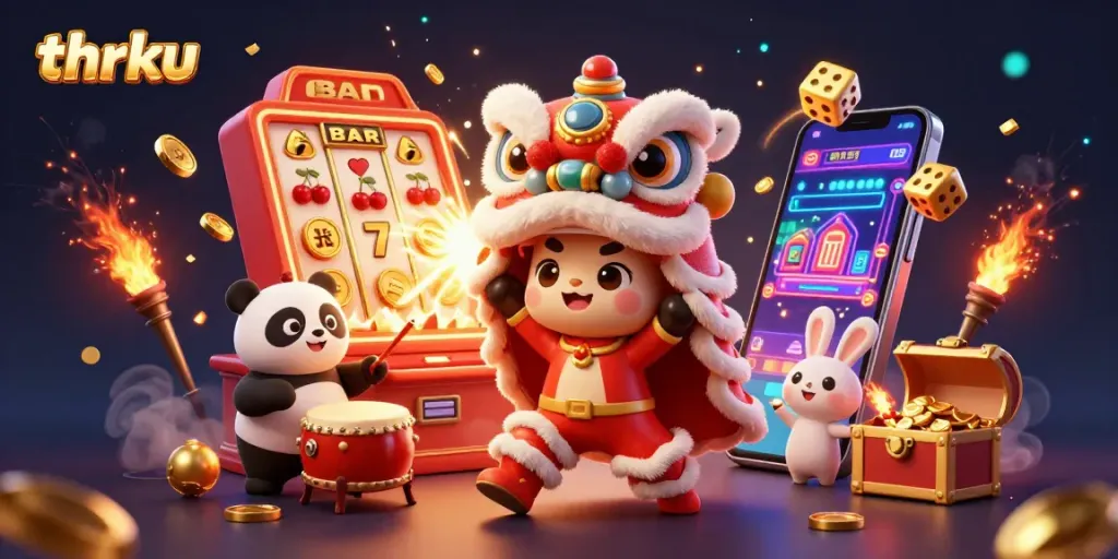 Experience thrilling gameplay at thrku with a vibrant 3D casino illustration capturing excitement and festive energy.
