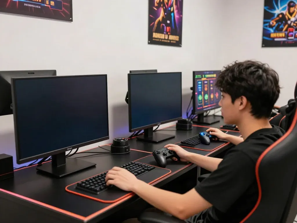 A player immersed in akunjp gaming with vibrant slot graphics and advanced setup.