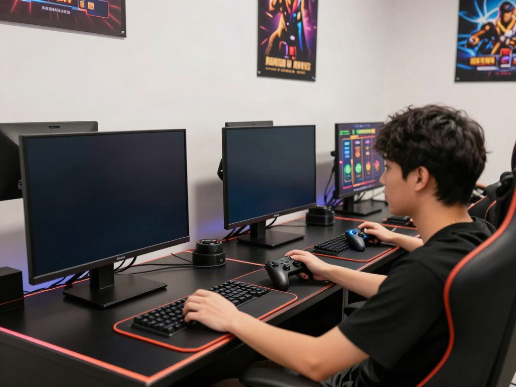 A player immersed in akunjp gaming with vibrant slot graphics and advanced setup.