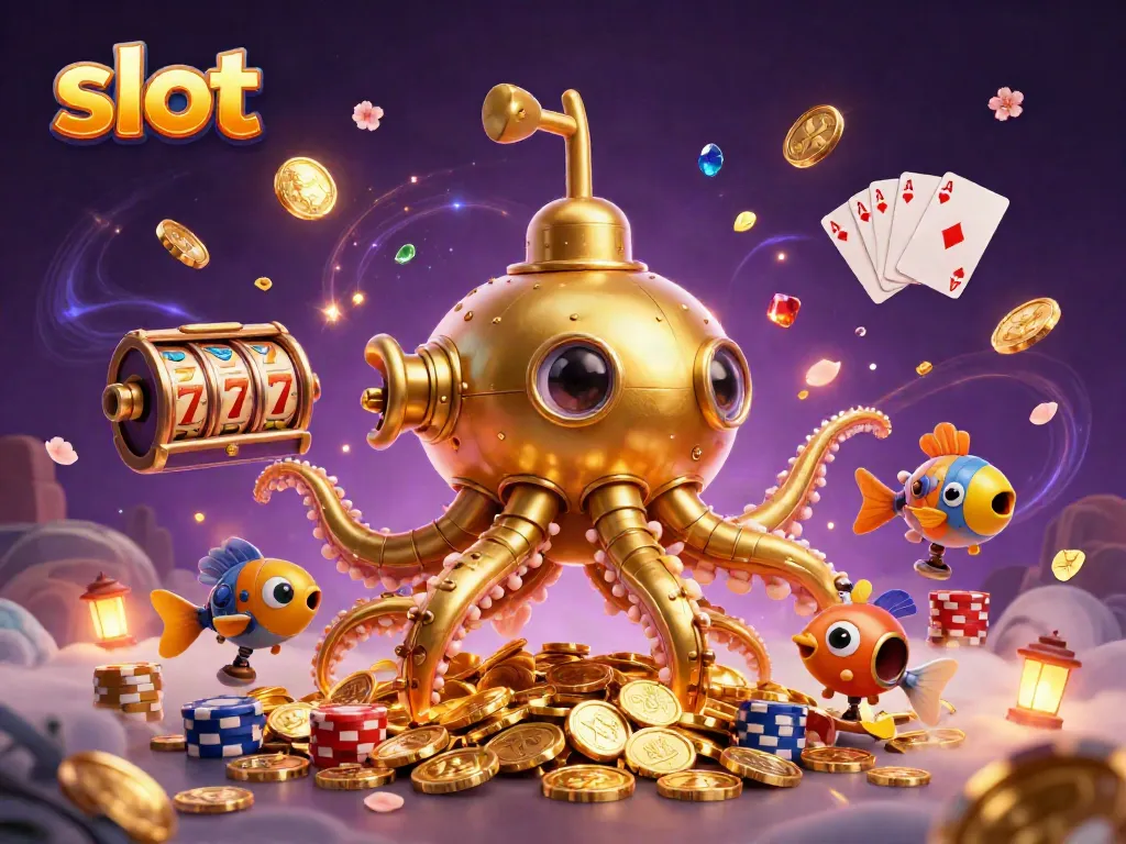Spin the slot reels with a golden kraken submarine amidst coins and casino elements.