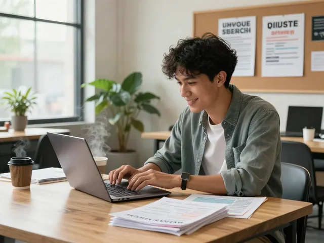 Young professional eagerly searching for หางาน opportunities in a co-working space.