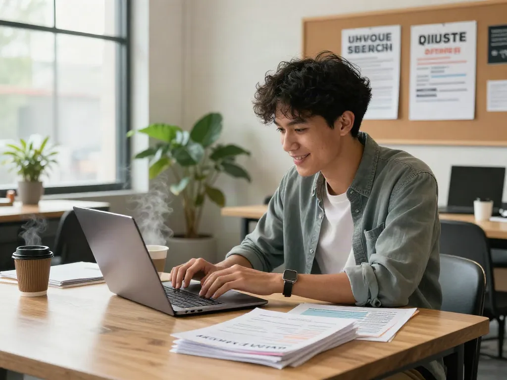Young professional eagerly searching for หางาน opportunities in a co-working space.