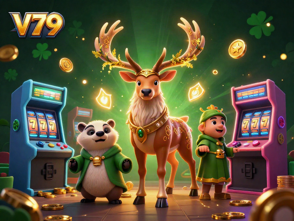 Engage in thrilling gaming adventures at V79 with a mystical druid stag and vibrant arcade games.