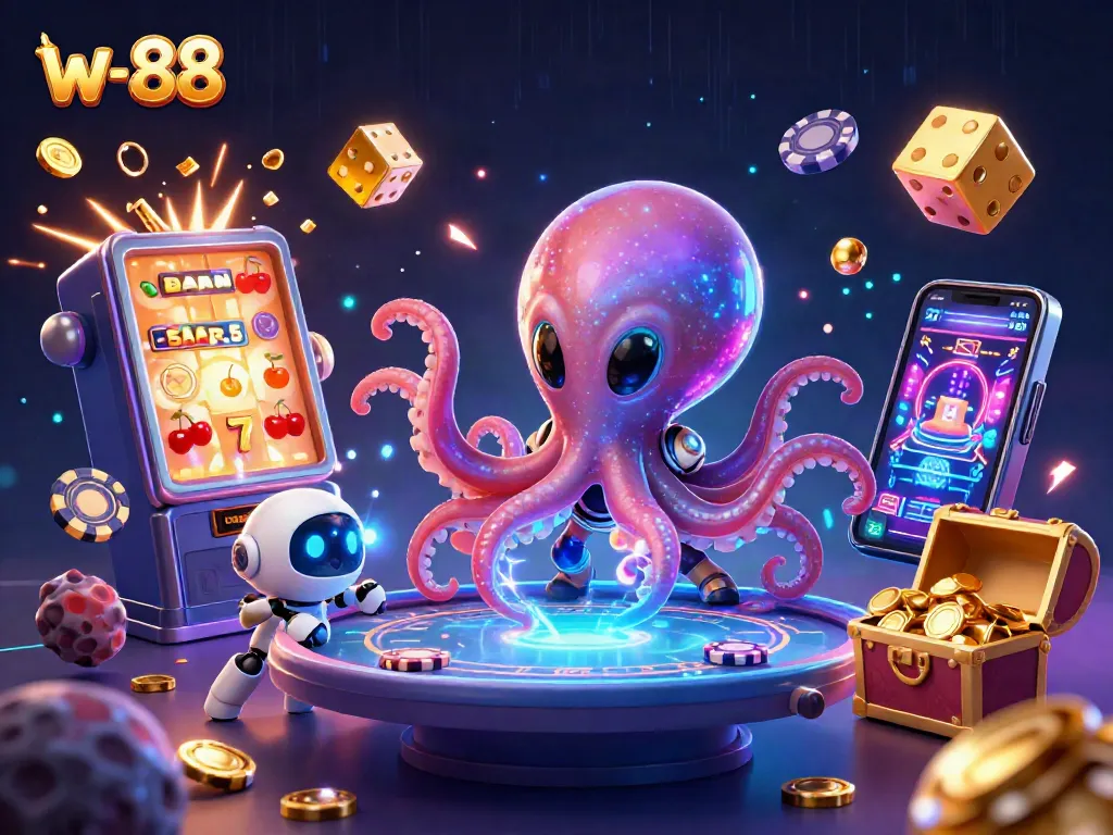 Experience thrilling action at w-88 with a vibrant 3D illustration of an alien octopus mastering a holographic poker table.