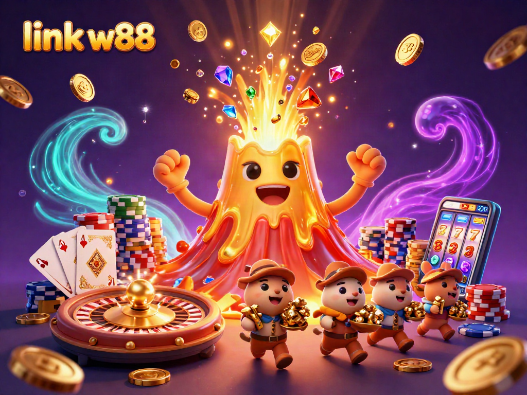 Experience thrilling gameplay with link w88 as golden treasures erupt from a majestic volcano.