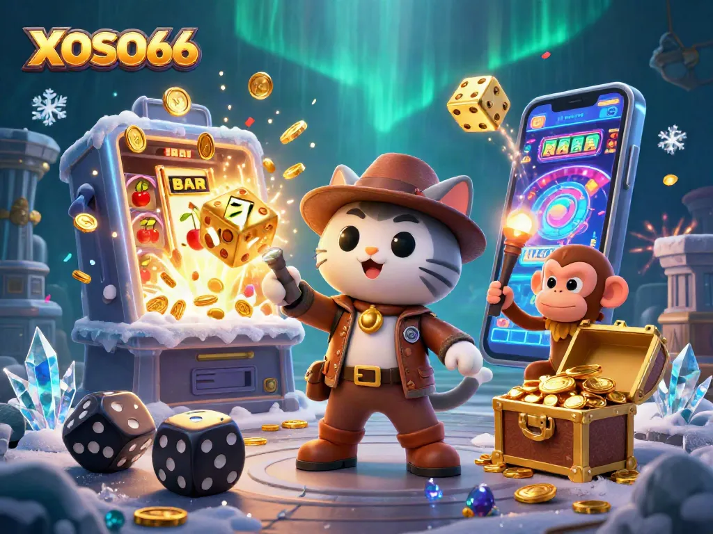 XOSO66 showcases an excited cat archaeologist uncovering casino treasures amid dynamic gaming elements.