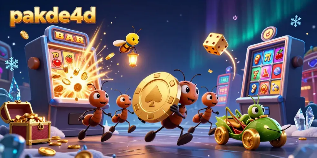 Join the exciting action with pakde4d's ants heist scene, featuring golden poker chips and dynamic gaming elements.