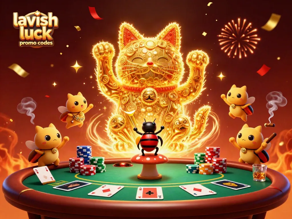 Experience lavish luck promo codes with a golden lucky cat surrounded by vibrant casino elements.